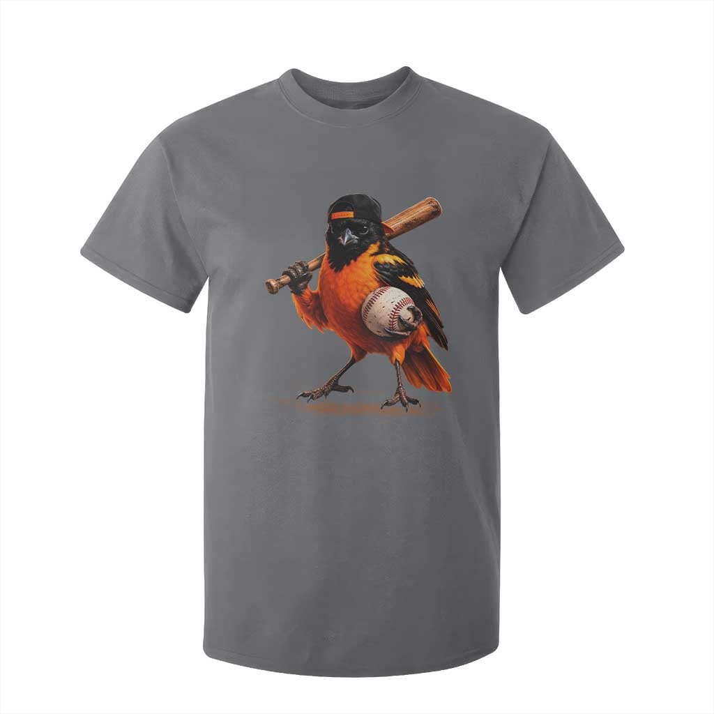 Oriole Baseball Player T Shirt For Kid Retro Funny Bird Mascot Baseball Fans TS10 Charcoal Print Your Wear