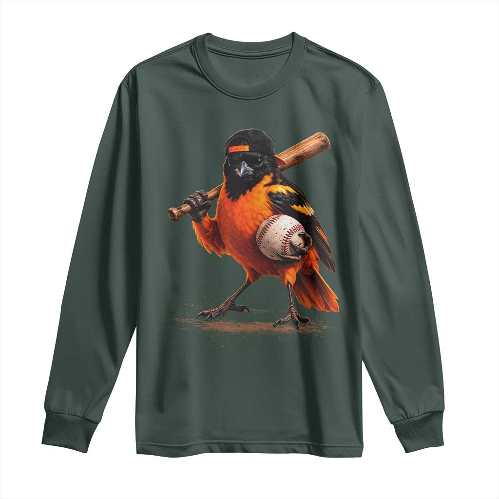 Oriole Baseball Player Long Sleeve Shirt Retro Funny Bird Mascot Baseball Fans TS10 Dark Forest Green Print Your Wear
