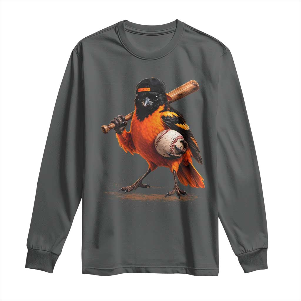 Oriole Baseball Player Long Sleeve Shirt Retro Funny Bird Mascot Baseball Fans TS10 Dark Heather Print Your Wear