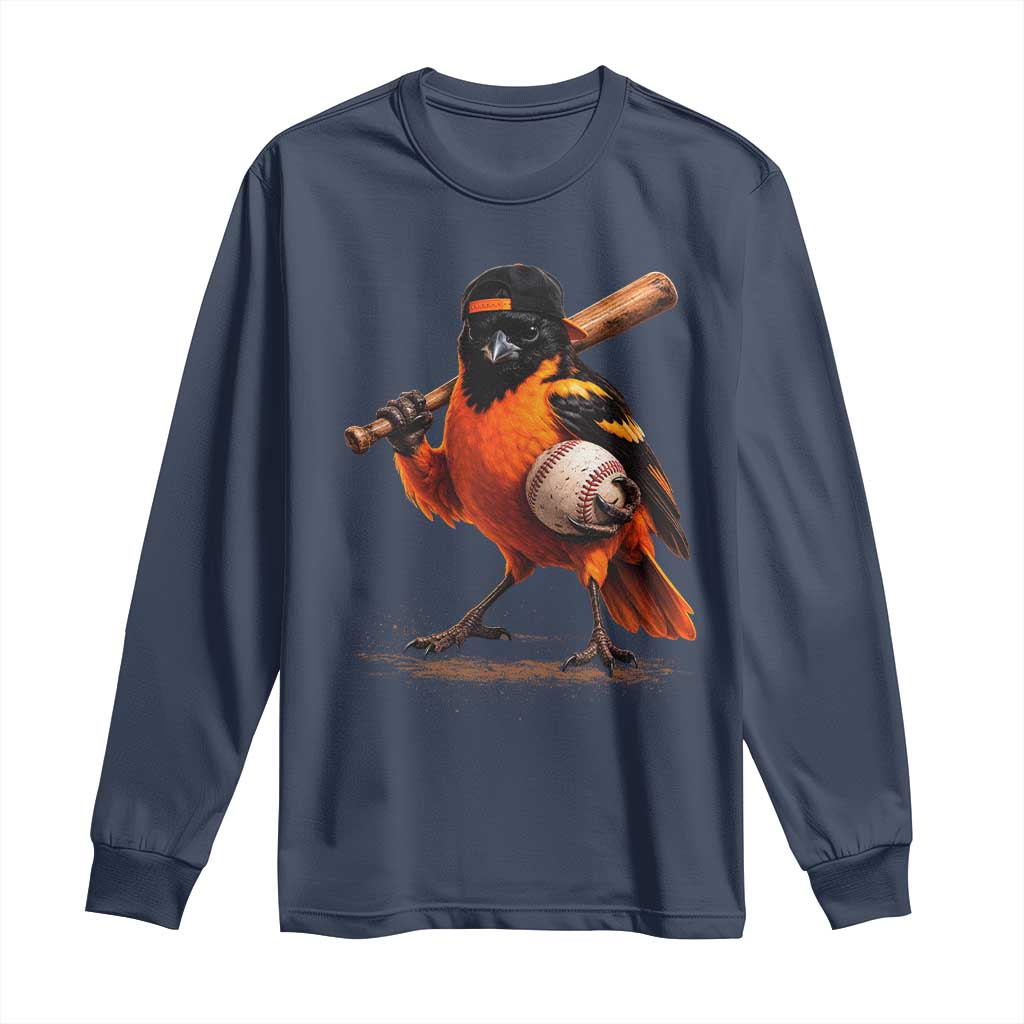 Oriole Baseball Player Long Sleeve Shirt Retro Funny Bird Mascot Baseball Fans TS10 Navy Print Your Wear