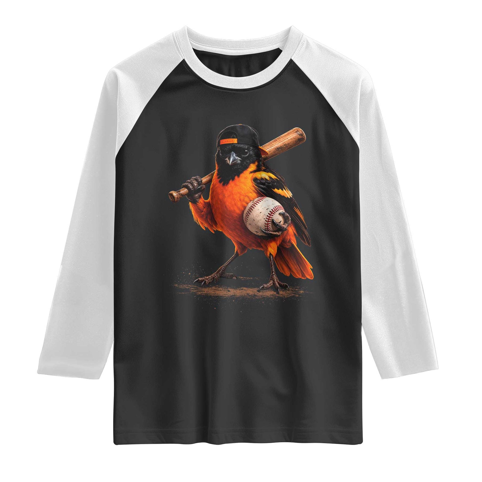 Oriole Baseball Player Raglan Shirt Retro Funny Bird Mascot Baseball Fans TS10 Black White Print Your Wear