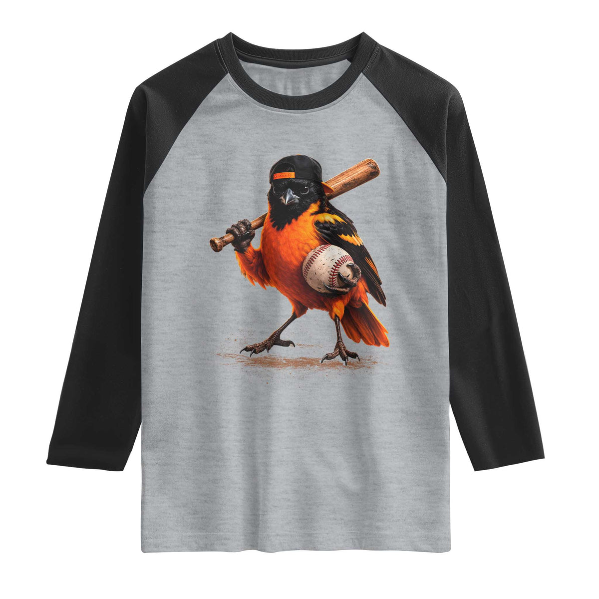 Oriole Baseball Player Raglan Shirt Retro Funny Bird Mascot Baseball Fans TS10 Heather Gray Black Print Your Wear