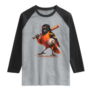 Oriole Baseball Player Raglan Shirt Retro Funny Bird Mascot Baseball Fans TS10 Heather Gray Black Print Your Wear