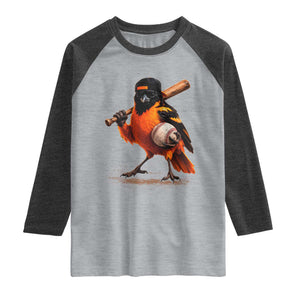Oriole Baseball Player Raglan Shirt Retro Funny Bird Mascot Baseball Fans TS10 Heather Gray Heather Charcoal Print Your Wear