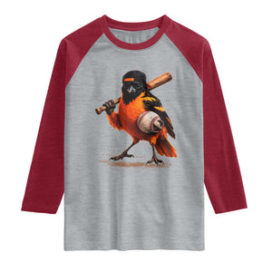 Oriole Baseball Player Raglan Shirt Retro Funny Bird Mascot Baseball Fans TS10 Heather Gray Heather Red Print Your Wear