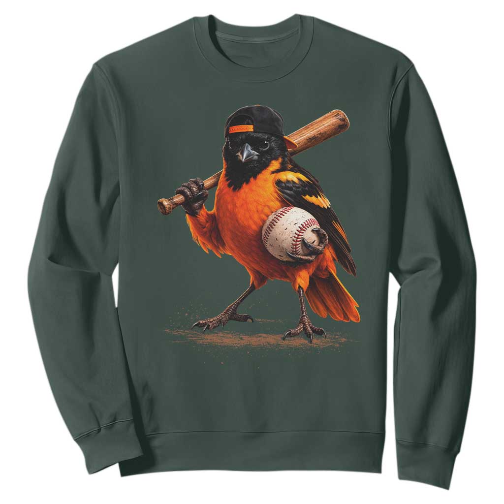 Oriole Baseball Player Sweatshirt Retro Funny Bird Mascot Baseball Fans TS10 Dark Forest Green Print Your Wear