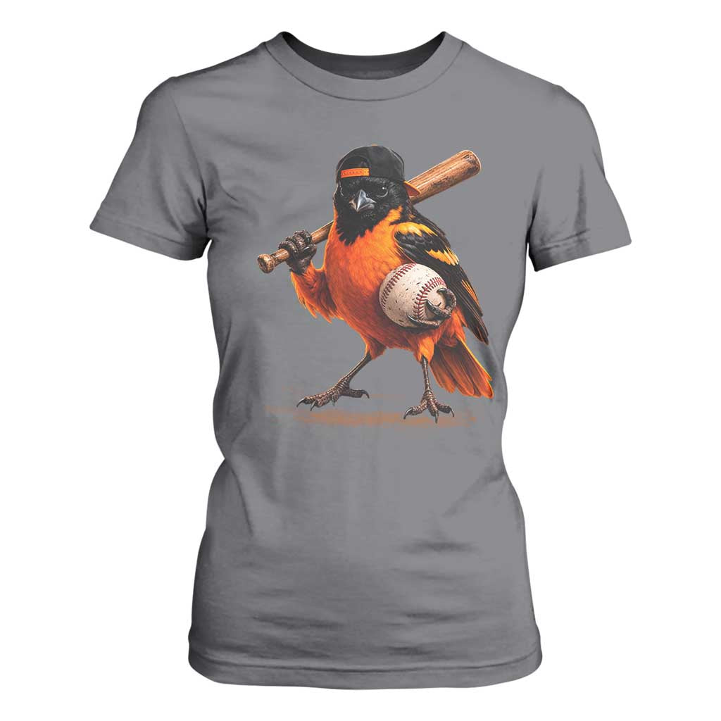 Oriole Baseball Player T Shirt For Women Retro Funny Bird Mascot Baseball Fans TS10 Charcoal Print Your Wear