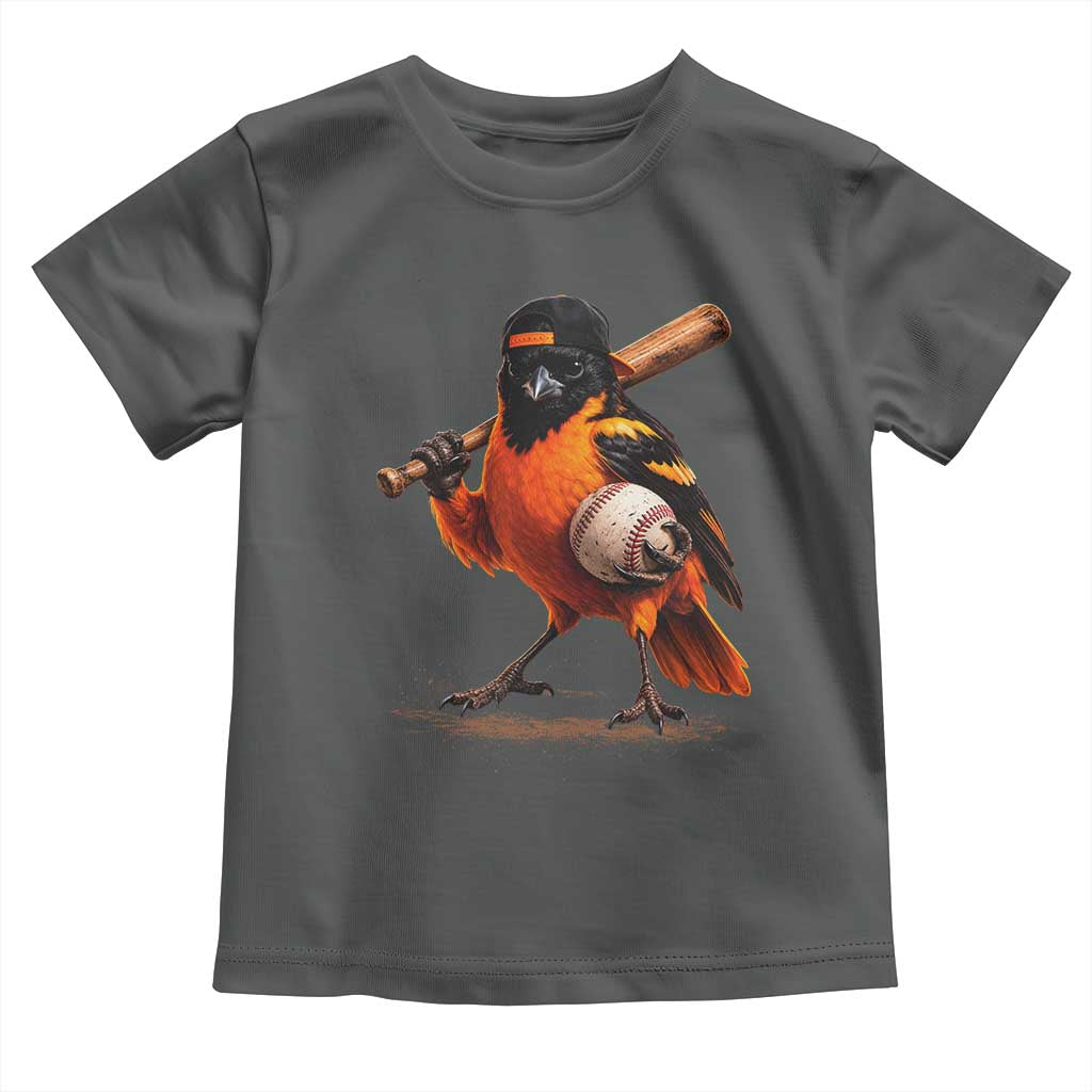 Oriole Baseball Player Toddler T Shirt Retro Funny Bird Mascot Baseball Fans TS10 Dark Heather Print Your Wear