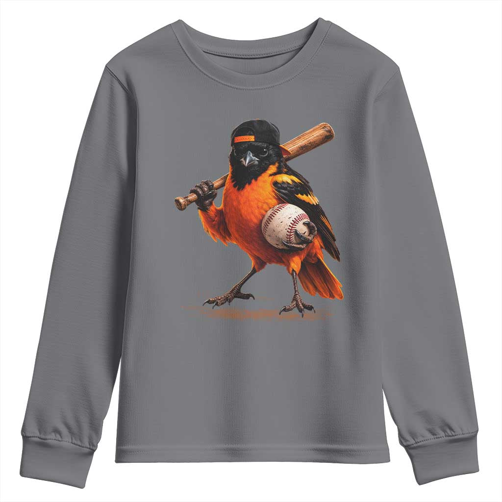 Oriole Baseball Player Youth Sweatshirt Retro Funny Bird Mascot Baseball Fans TS10 Charcoal Print Your Wear