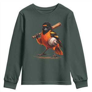Oriole Baseball Player Youth Sweatshirt Retro Funny Bird Mascot Baseball Fans TS10 Dark Forest Green Print Your Wear