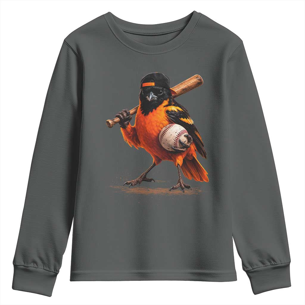 Oriole Baseball Player Youth Sweatshirt Retro Funny Bird Mascot Baseball Fans TS10 Dark Heather Print Your Wear