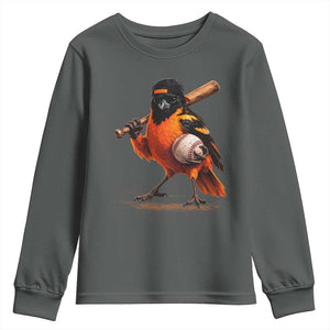 Oriole Baseball Player Youth Sweatshirt Retro Funny Bird Mascot Baseball Fans TS10 Dark Heather Print Your Wear