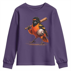 Oriole Baseball Player Youth Sweatshirt Retro Funny Bird Mascot Baseball Fans TS10 Purple Print Your Wear