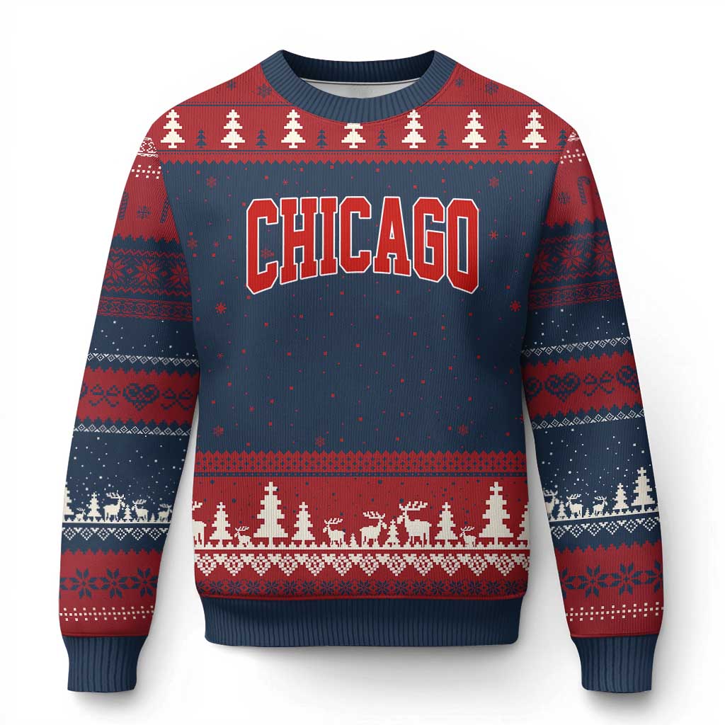 Retro Chicago Ugly Christmas Sweater Vintage Chicago Throwback Athletic Sports Style 80s 90s TS10 Navy Red Print Your Wear