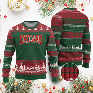 Retro Chicago Ugly Christmas Sweater Vintage Chicago Throwback Athletic Sports Style 80s 90s TS10 Red Green Print Your Wear