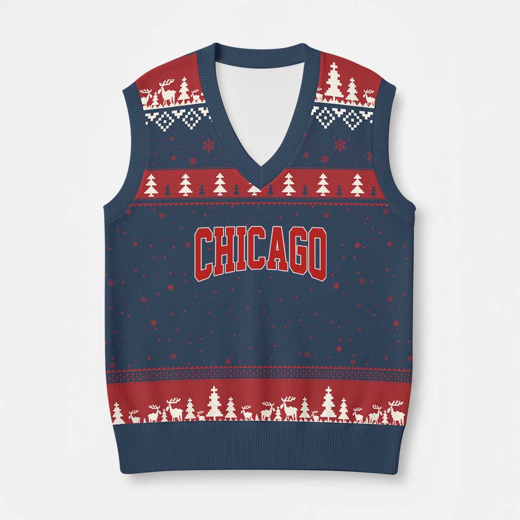 Retro Chicago V-Neck Knit Sweater Vest Vintage Chicago Throwback Athletic Sports Style 80s 90s TS10 Navy Red Print Your Wear