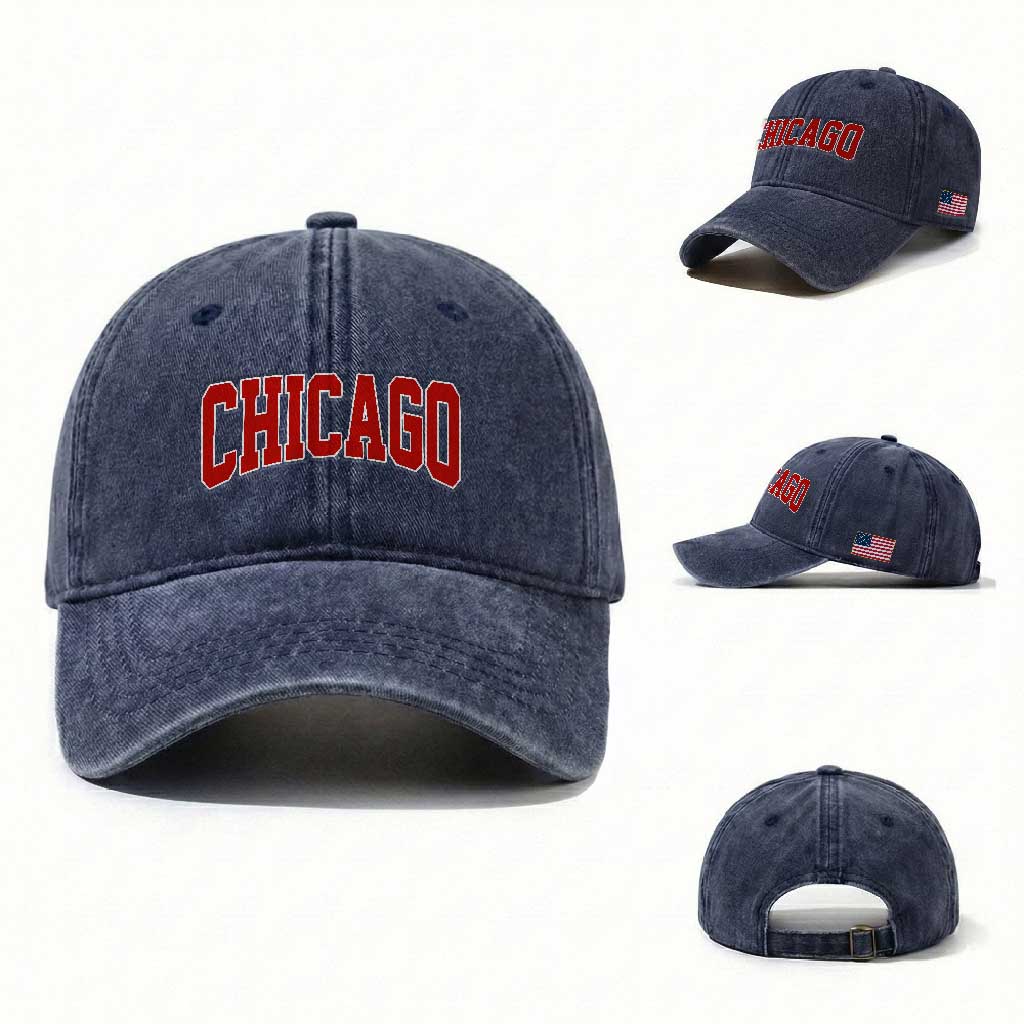 Retro Chicago Washed Cotton Baseball Cap Vintage Chicago Throwback Athletic Sports Style 80s 90s TS10 Washed Cap Universal Fit Navy Print Your Wear