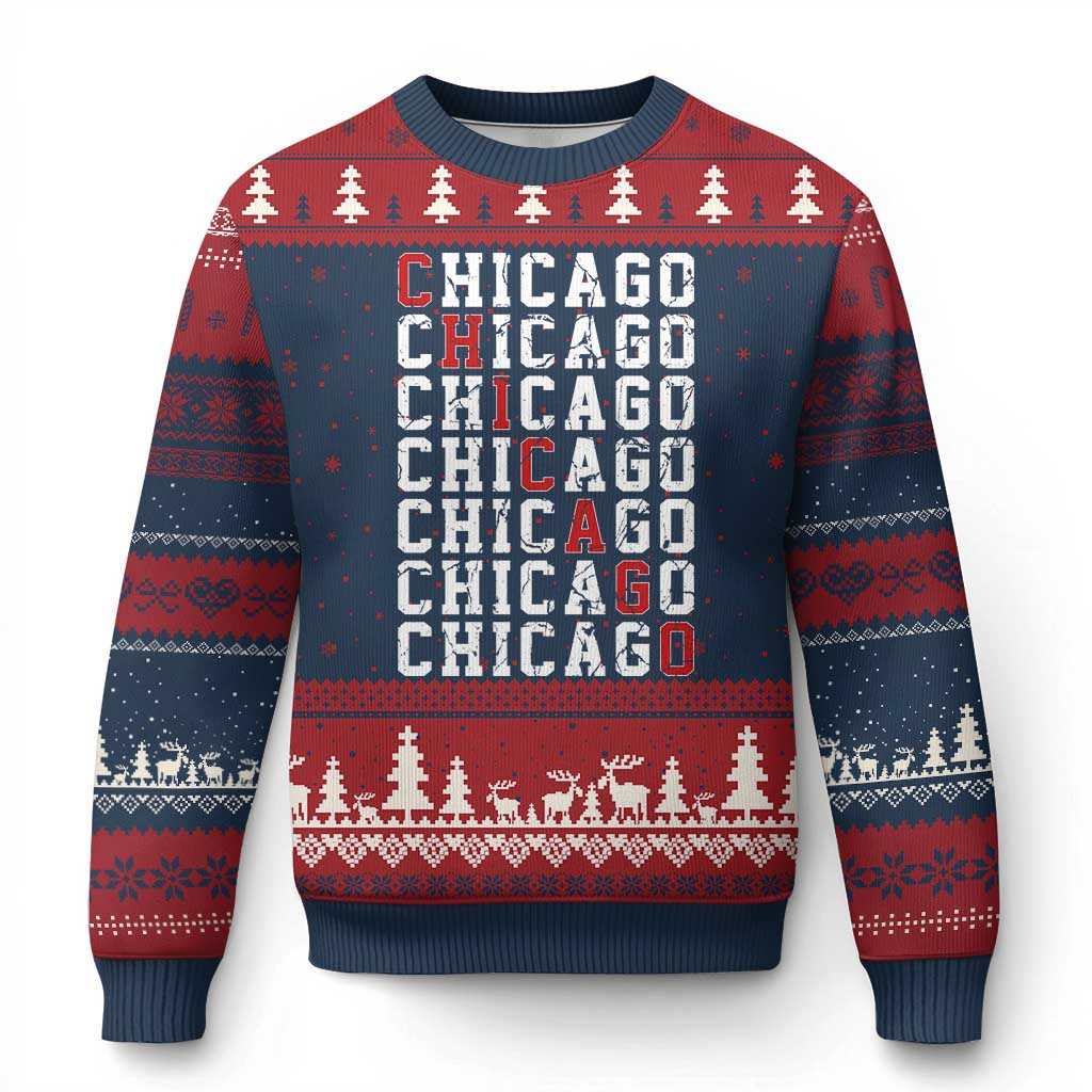Vintage Chicago Ugly Christmas Sweater Retro Distressed Classic Chicago TS10 Navy Red Print Your Wear
