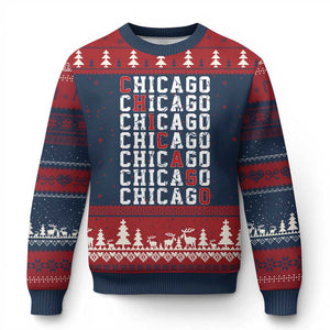Vintage Chicago Ugly Christmas Sweater Retro Distressed Classic Chicago TS10 Navy Red Print Your Wear
