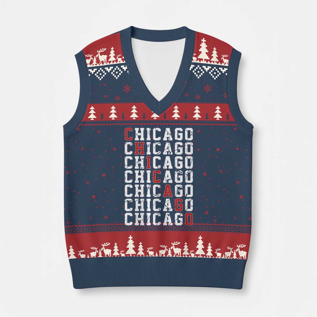 Vintage Chicago V-Neck Knit Sweater Vest Retro Distressed Classic Chicago TS10 Navy Red Print Your Wear