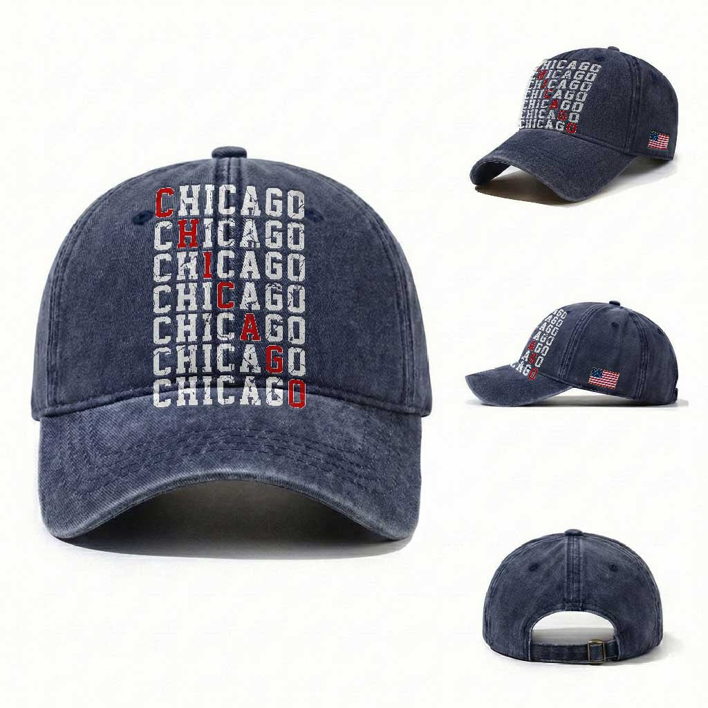 Vintage Chicago Washed Cotton Baseball Cap Retro Distressed Classic Chicago TS10 Washed Cap Universal Fit Navy Print Your Wear