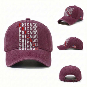 Vintage Chicago Washed Cotton Baseball Cap Retro Distressed Classic Chicago TS10 Washed Cap Universal Fit Burgundy Print Your Wear