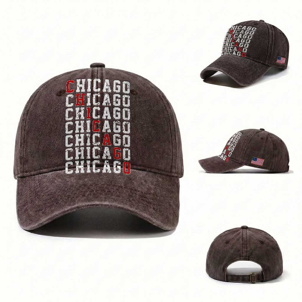 Vintage Chicago Washed Cotton Baseball Cap Retro Distressed Classic Chicago TS10 Washed Cap Universal Fit Dark Brown Print Your Wear