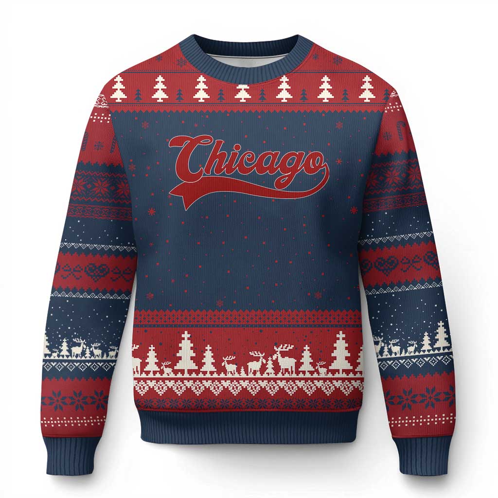 Retro Chicago Ugly Christmas Sweater Varsity Script Vintage Sports Jersey Style 80s 90s TS10 Navy Red Print Your Wear