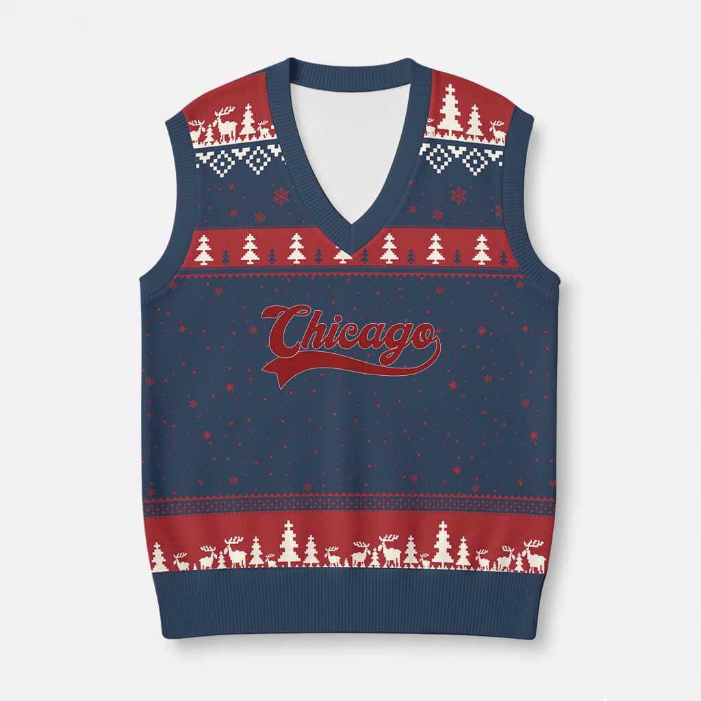 Retro Chicago V-Neck Knit Sweater Vest Varsity Script Vintage Sports Jersey Style 80s 90s TS10 Navy Red Print Your Wear