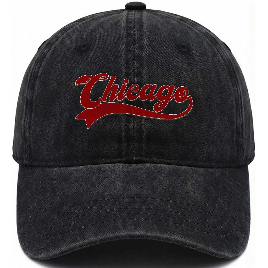 Retro Chicago Washed Cotton Baseball Cap Varsity Script Vintage Sports Jersey Style 80s 90s TS10 Print Your Wear