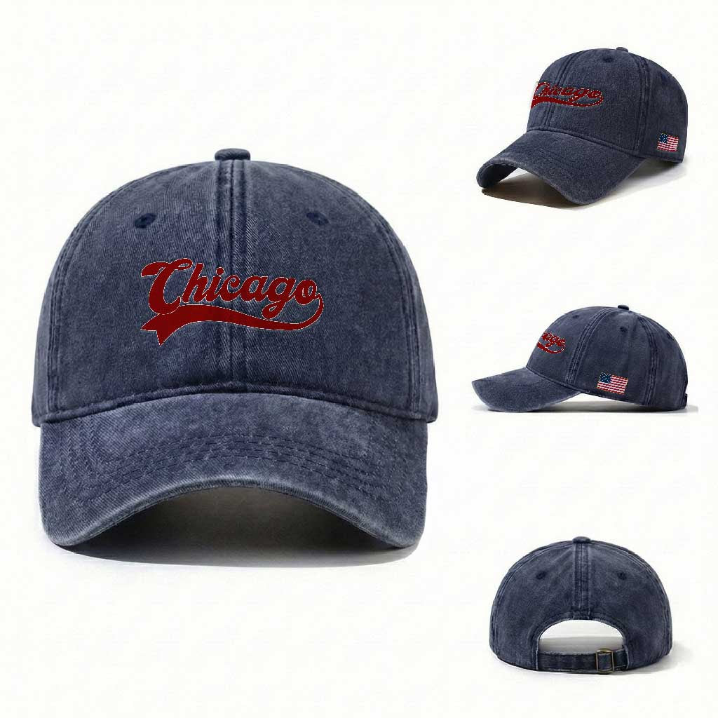 Retro Chicago Washed Cotton Baseball Cap Varsity Script Vintage Sports Jersey Style 80s 90s TS10 Washed Cap Universal Fit Navy Print Your Wear