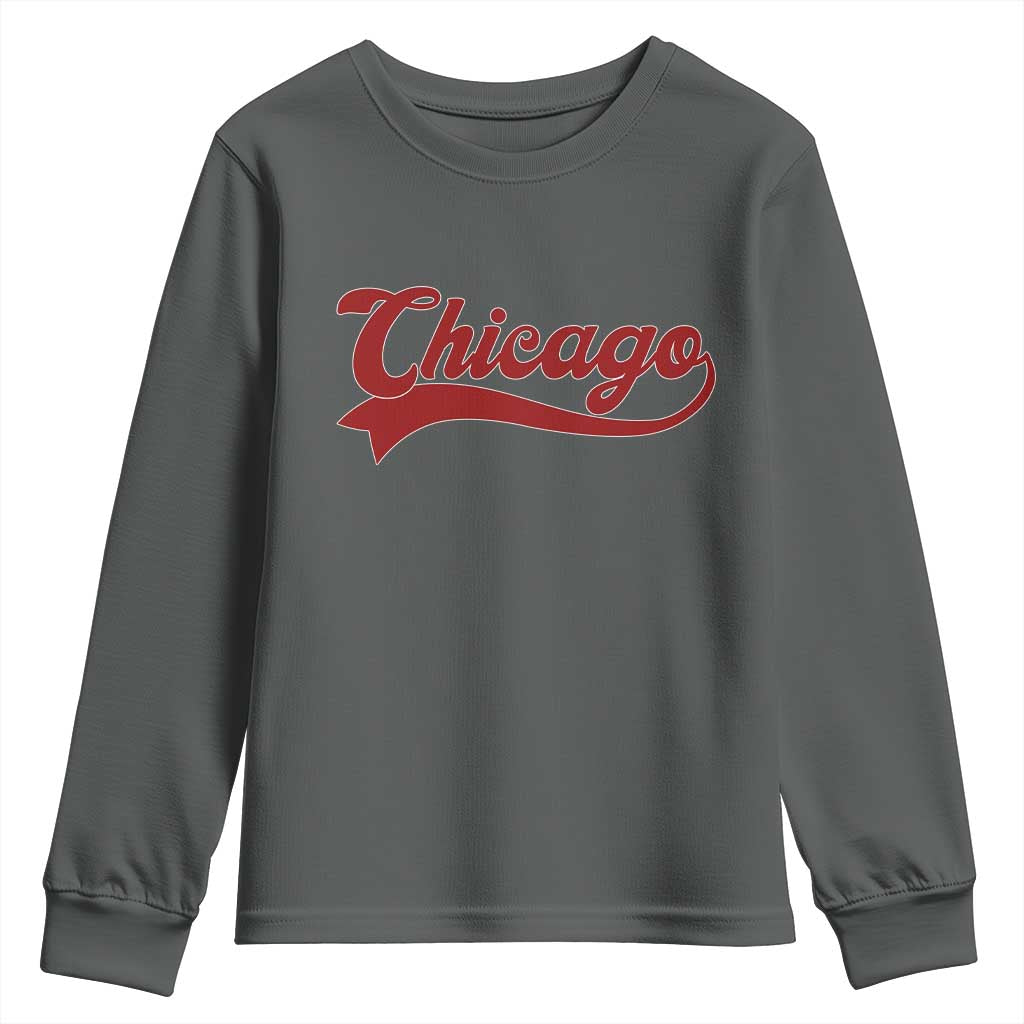 Retro Chicago Youth Sweatshirt Varsity Script Vintage Sports Jersey Style 80s 90s TS10 Dark Heather Print Your Wear