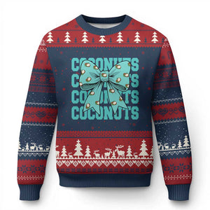 Retro Coconuts Coquette Bow Ugly Christmas Sweater Summer Beach Coconut Fruit Humor TS10 Navy Red Print Your Wear