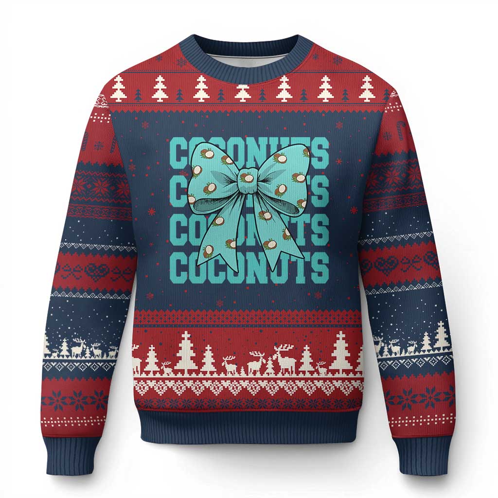 Retro Coconuts Coquette Bow Ugly Christmas Sweater Summer Beach Coconut Fruit Humor TS10 Navy Red Print Your Wear