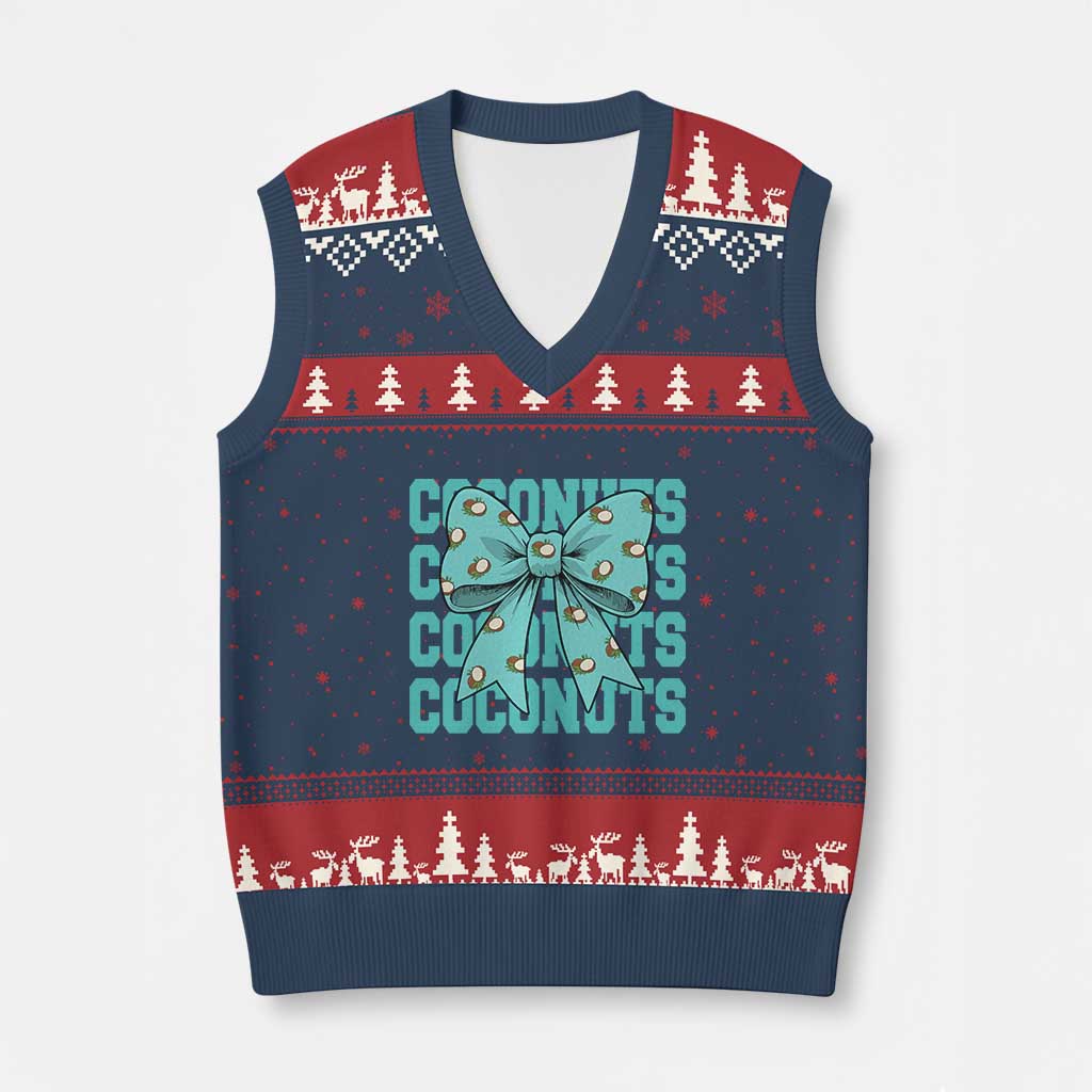 Retro Coconuts Coquette Bow V-Neck Knit Sweater Vest Summer Beach Coconut Fruit Humor TS10 Navy Red Print Your Wear