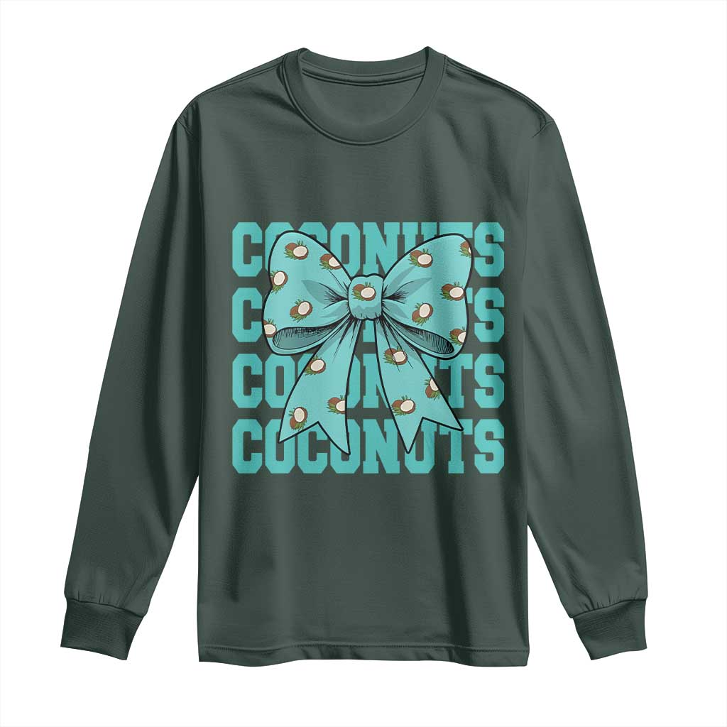 Retro Coconuts Coquette Bow Long Sleeve Shirt Summer Beach Coconut Fruit Humor TS10 Dark Forest Green Print Your Wear