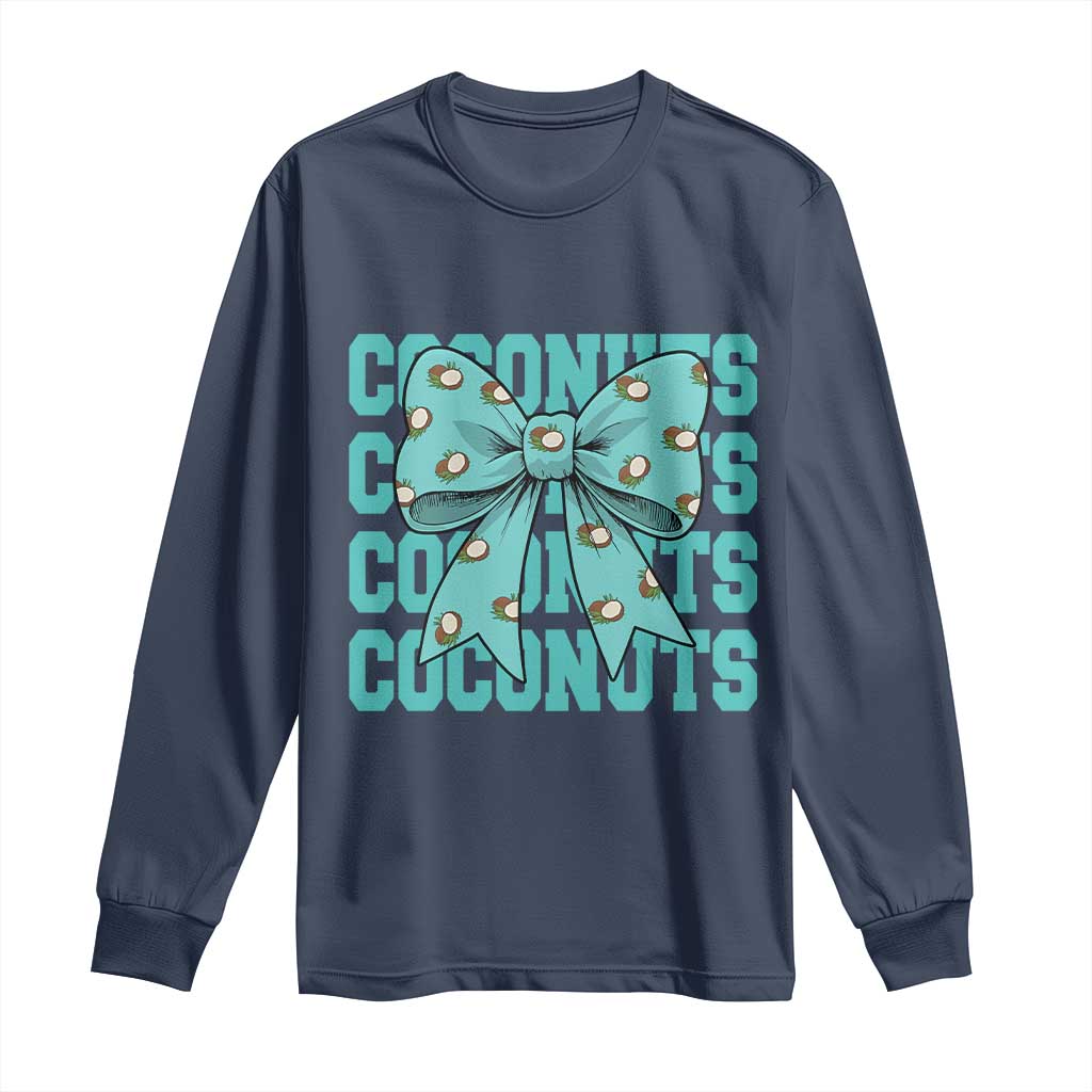Retro Coconuts Coquette Bow Long Sleeve Shirt Summer Beach Coconut Fruit Humor TS10 Navy Print Your Wear