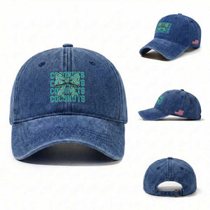 Retro Coconuts Coquette Bow Washed Cotton Baseball Cap Summer Beach Coconut Fruit Humor TS10 Washed Cap Universal Fit Royal Blue Print Your Wear