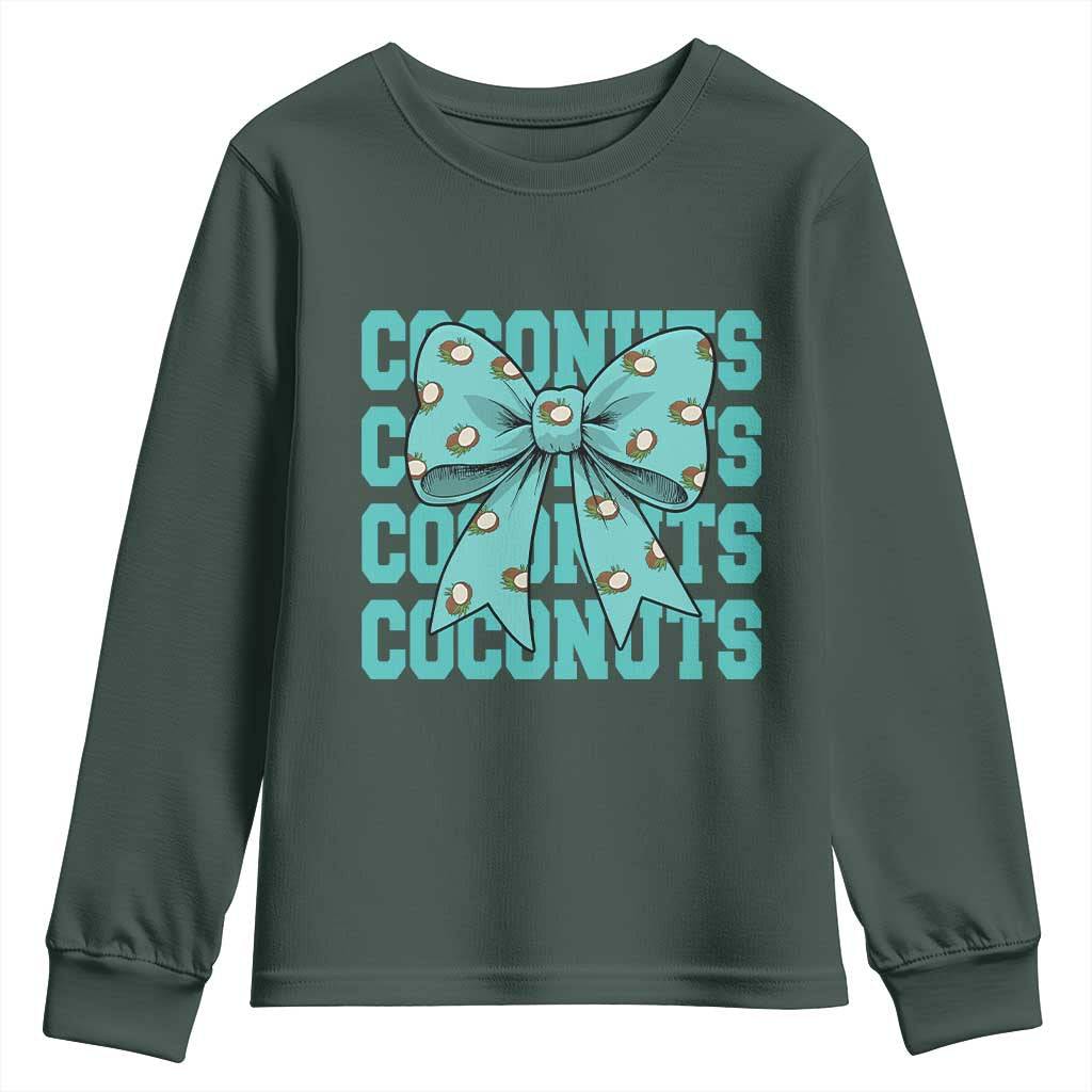 Retro Coconuts Coquette Bow Youth Sweatshirt Summer Beach Coconut Fruit Humor TS10 Dark Forest Green Print Your Wear