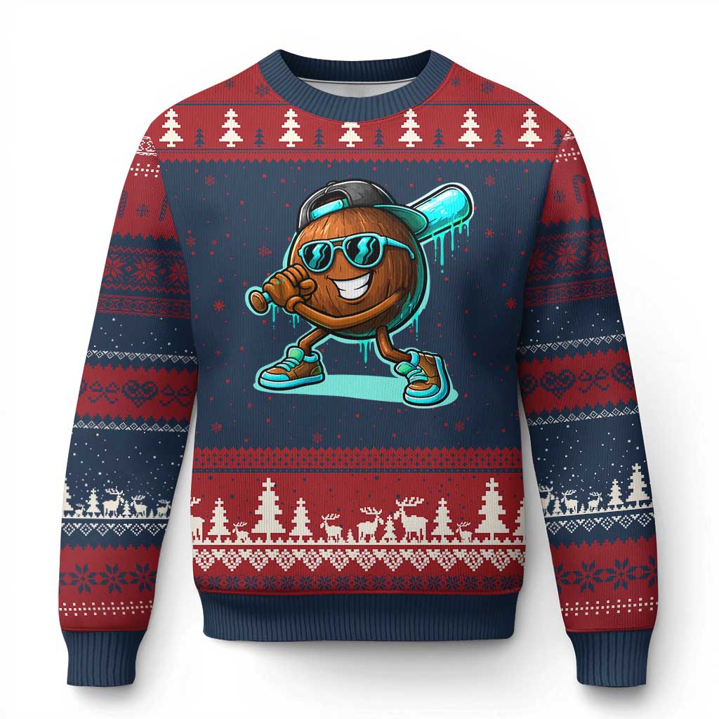 Coconut Baseball Player Ugly Christmas Sweater Funny Baseball Drip Ice Cream Fruit Humor TS10 Navy Red Print Your Wear