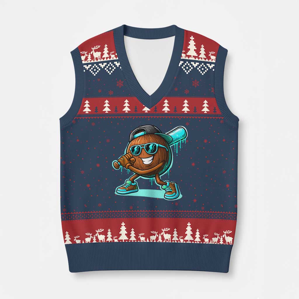 Coconut Baseball Player V-Neck Knit Sweater Vest Funny Baseball Drip Ice Cream Fruit Humor TS10 Navy Red Print Your Wear