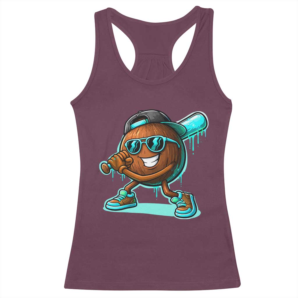 Coconut Baseball Player Racerback Tank Top Funny Baseball Drip Ice Cream Fruit Humor TS10 Maroon Print Your Wear