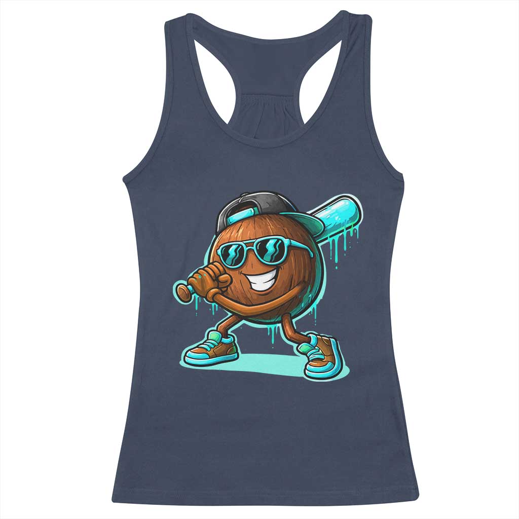 Coconut Baseball Player Racerback Tank Top Funny Baseball Drip Ice Cream Fruit Humor TS10 Navy Print Your Wear