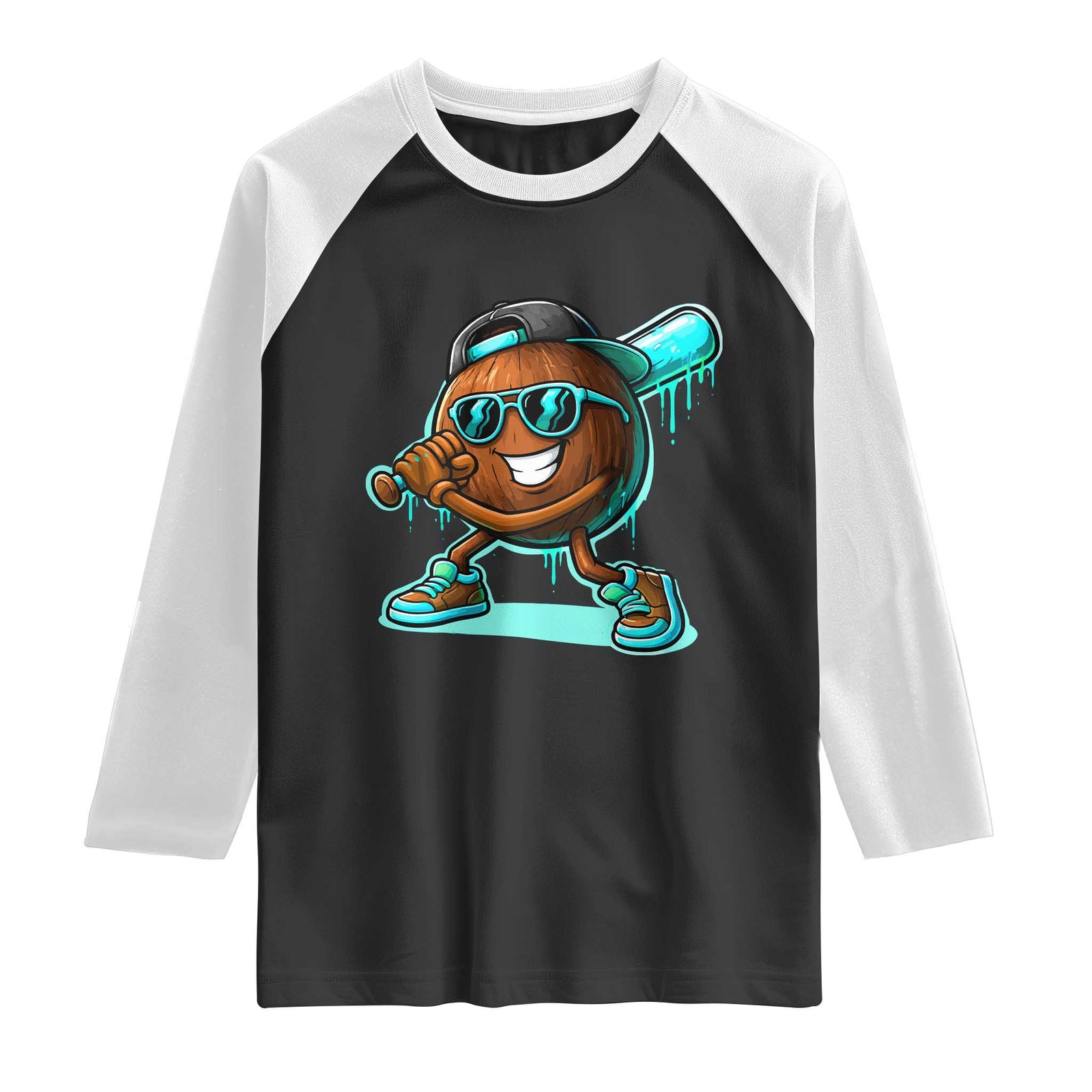 Coconut Baseball Player Raglan Shirt Funny Baseball Drip Ice Cream Fruit Humor TS10 Black White Print Your Wear