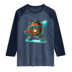Coconut Baseball Player Raglan Shirt Funny Baseball Drip Ice Cream Fruit Humor TS10 Heather Denim Navy Print Your Wear