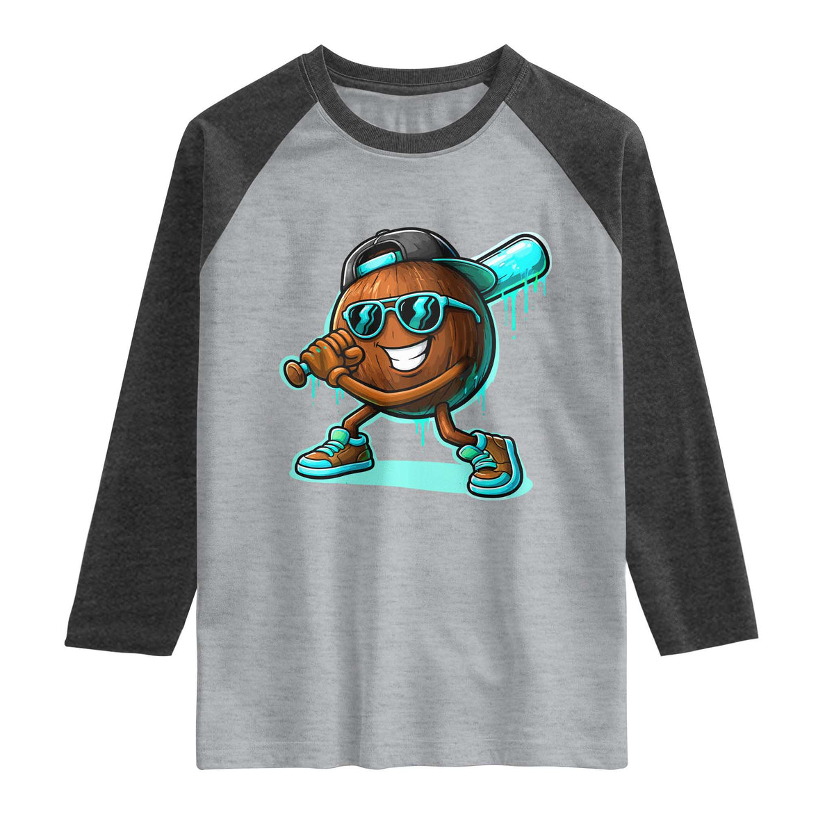 Coconut Baseball Player Raglan Shirt Funny Baseball Drip Ice Cream Fruit Humor TS10 Heather Gray Heather Charcoal Print Your Wear