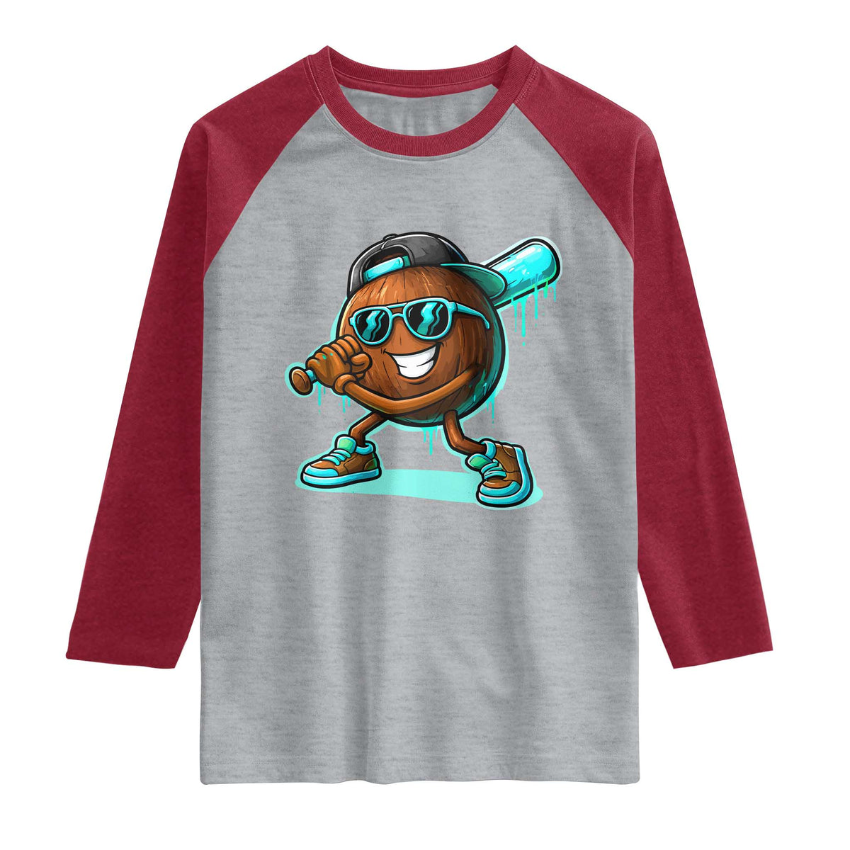 Coconut Baseball Player Raglan Shirt Funny Baseball Drip Ice Cream Fruit Humor TS10 Heather Gray Heather Red Print Your Wear