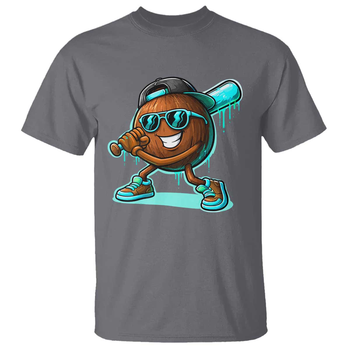Coconut Baseball Player T Shirt Funny Baseball Drip Ice Cream Fruit Humor TS10 Charcoal Print Your Wear