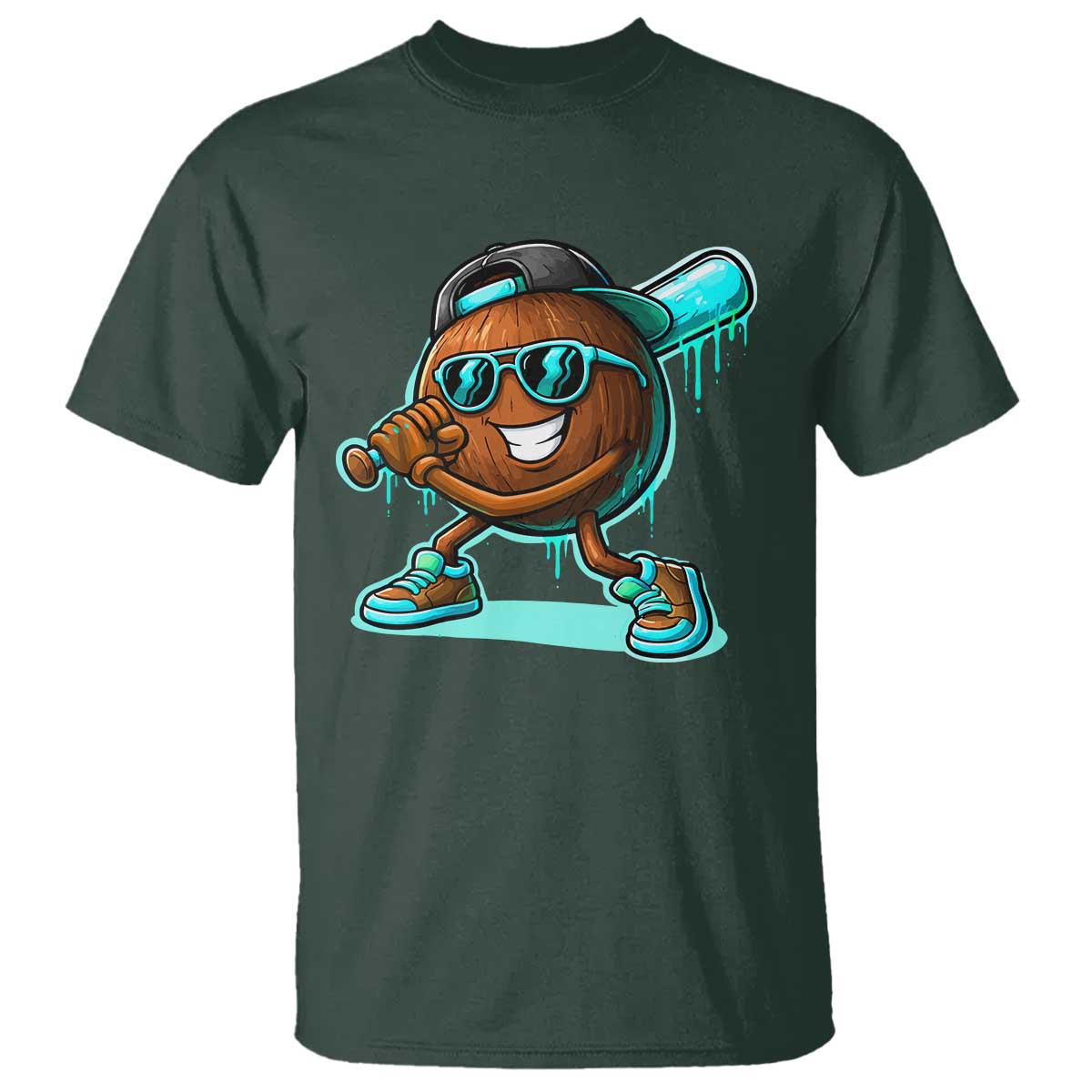 Coconut Baseball Player T Shirt Funny Baseball Drip Ice Cream Fruit Humor TS10 Dark Forest Green Print Your Wear