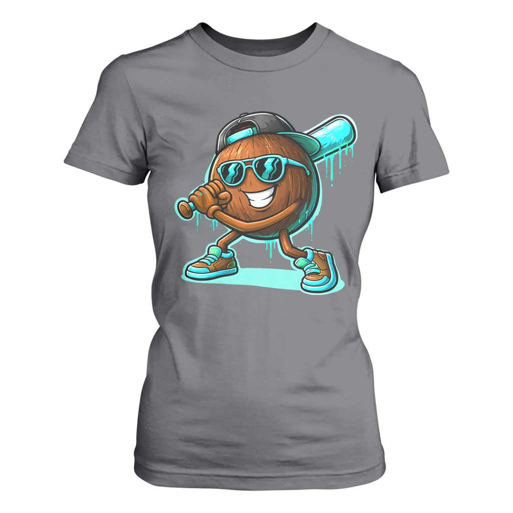 Coconut Baseball Player T Shirt For Women Funny Baseball Drip Ice Cream Fruit Humor TS10 Charcoal Print Your Wear